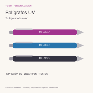 Ilustración orientativa de bolígrafos con logotipo personalizado mediante impresión UV.