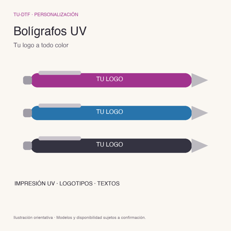 Ilustración orientativa de bolígrafos con logotipo personalizado mediante impresión UV.