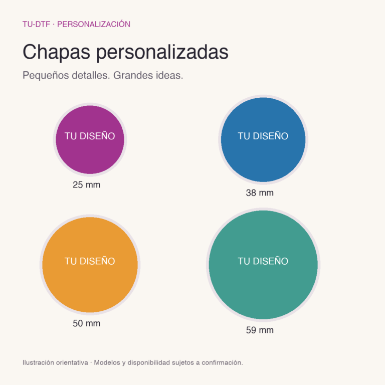 Ilustración de chapas personalizadas con diámetros de referencia de 25, 38, 50 y 59 milímetros.
