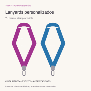 Ilustración orientativa de lanyards con logotipo personalizado y mosquetón.